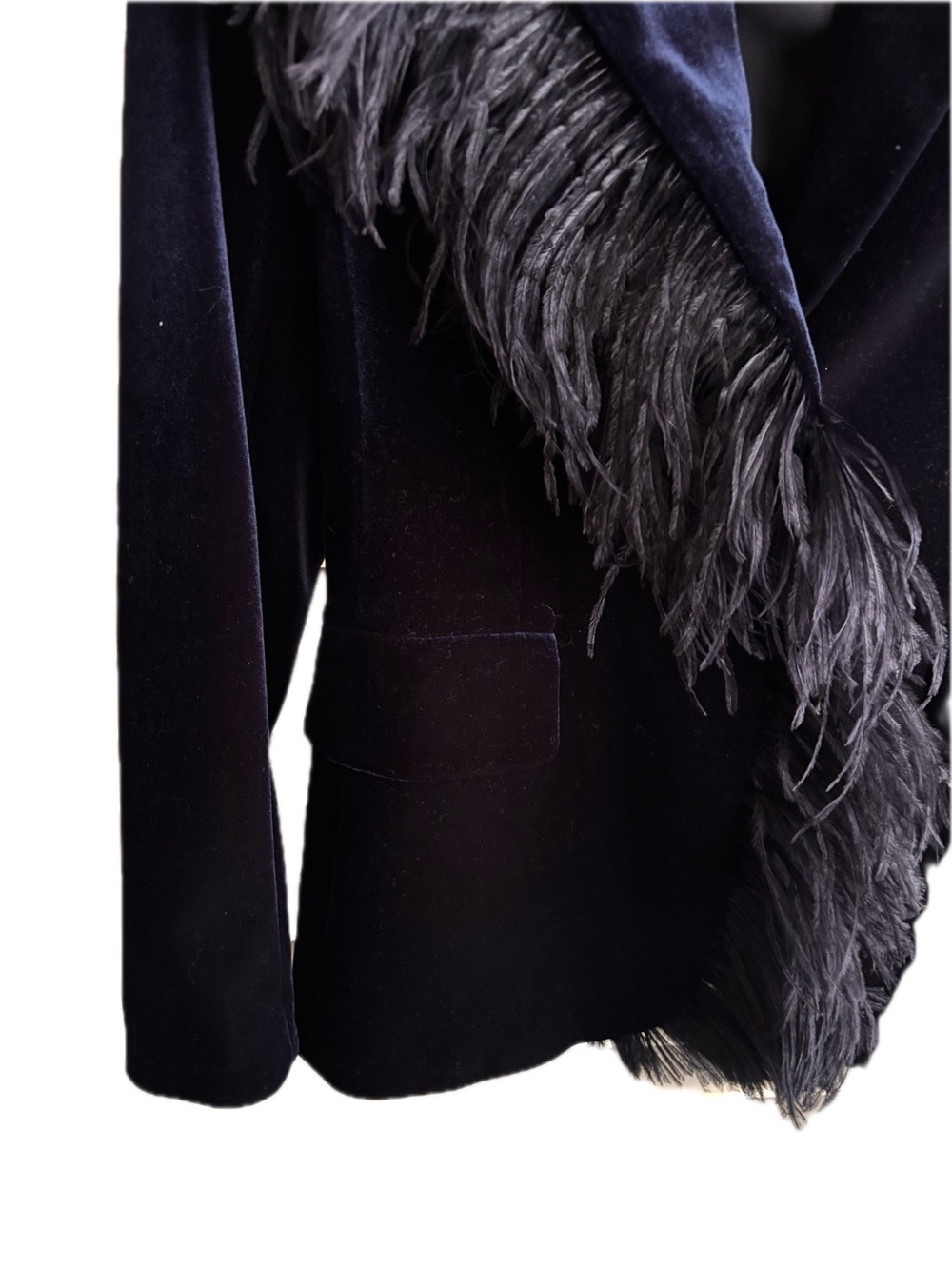 Rickie Freeman for Teri Jon Navy Velvet Blazer with Black Ostrich Feather Trim - Picture 6 of 11